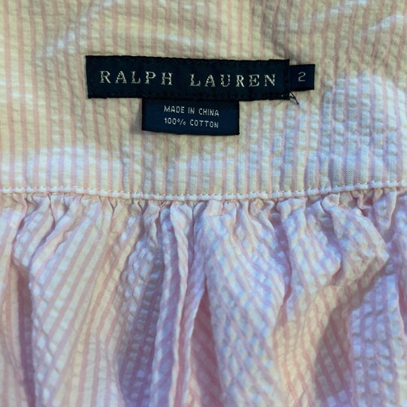 Ralph Lauren Pink Seersucker Gathered Flare Skirt Vertical Pin Stripes Midi SZ 2 - Picture 3 of 7